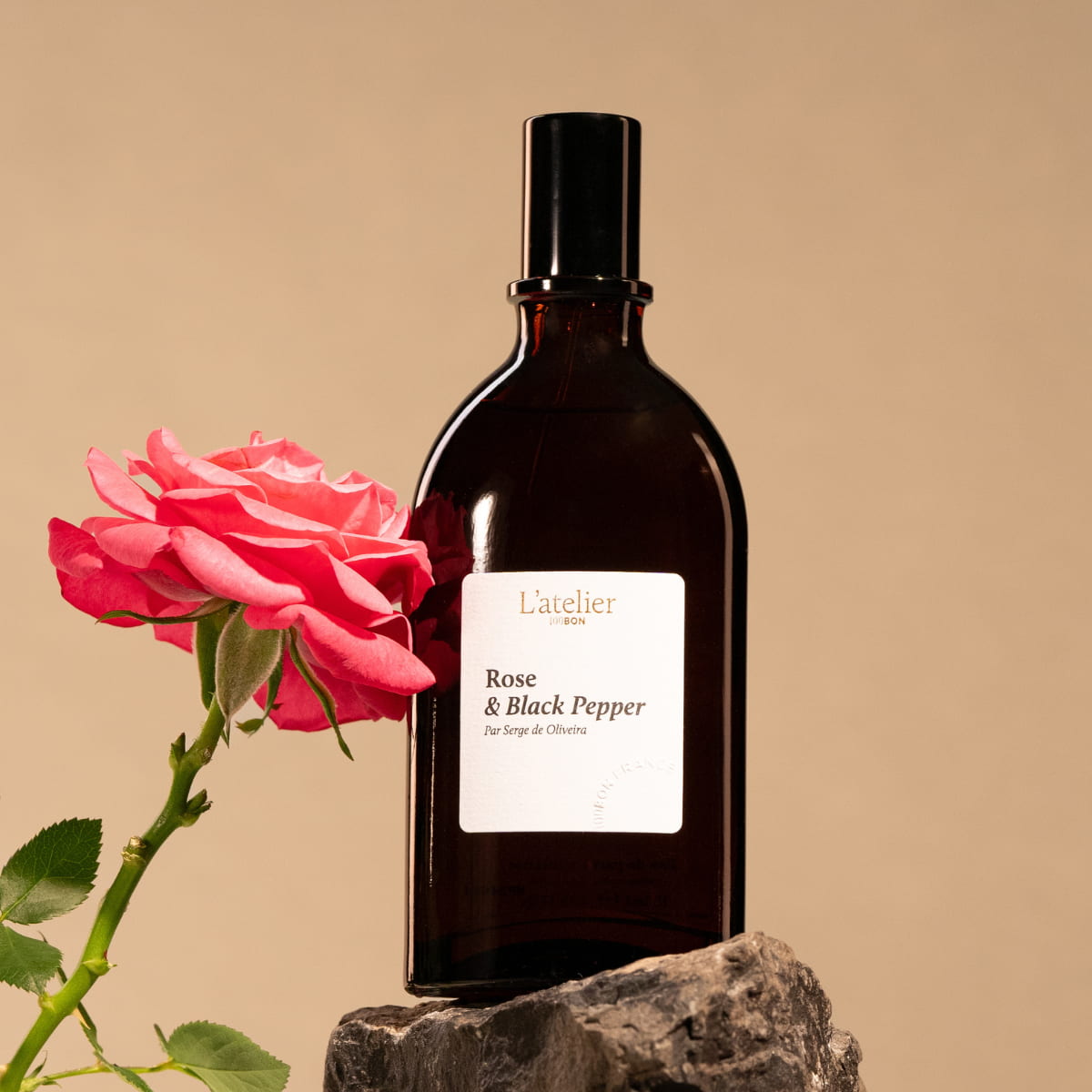 Parfum naturel intense Rose & Black peper devant une rose rouge clair